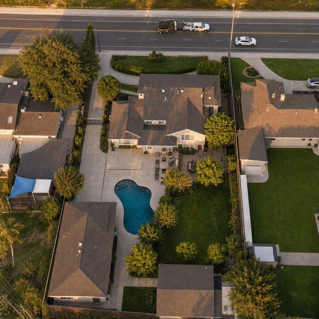 Direct-mail postcard concept 3: photorealistic pool render for a contractor mailer campaign