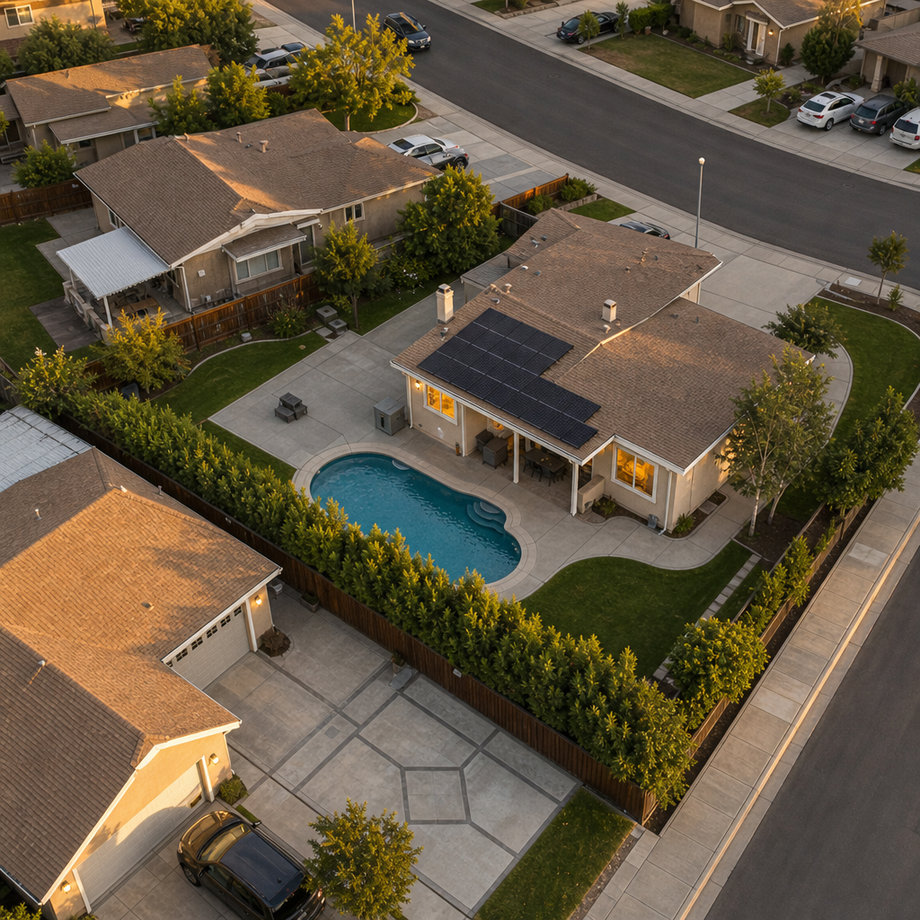 Direct-mail postcard concept 4: photorealistic pool render for a contractor mailer campaign