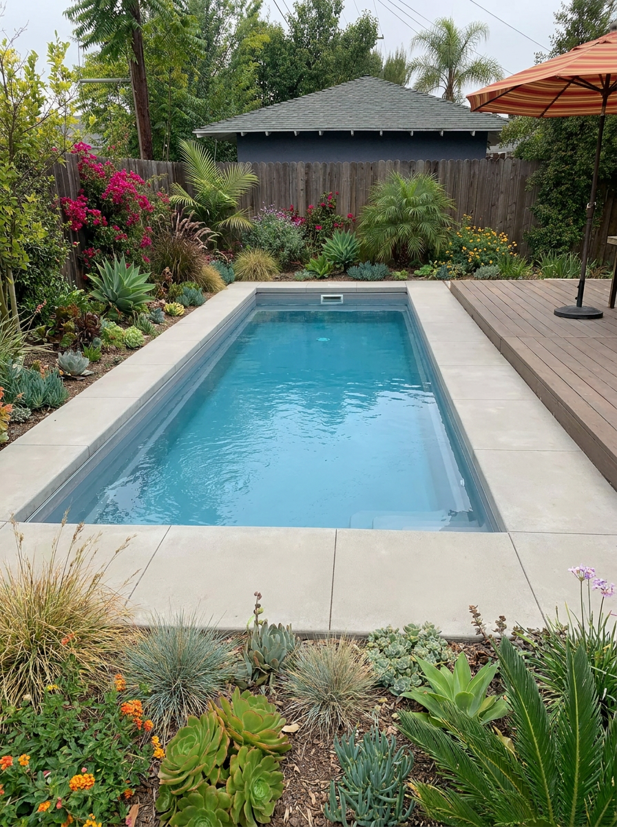 Photorealistic pool and patio render placed in a real Monrovia, CA backyard