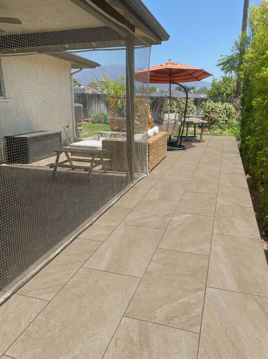 Photorealistic side-yard and privacy planting render in a Monrovia, CA backyard